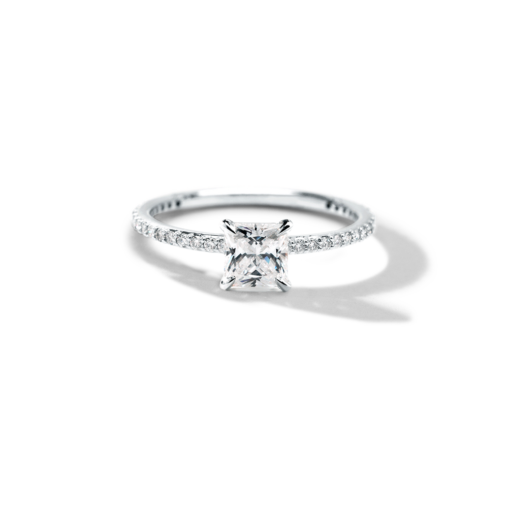 18K White Gold Platinum Princess Pave Solitaire Engagement Ring